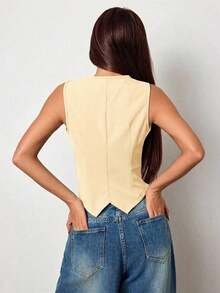 Chaleco de punto ajustado de unicolor con cuello en V sin mangas para mujer, atuendos de verano, atuendos de verano para mujer, atuendos de vacaciones de verano, Día de San Valentín, atuendos de vacaciones para mujer, atuendos de vacaciones en la pl - Albaricoque - Ver 3
