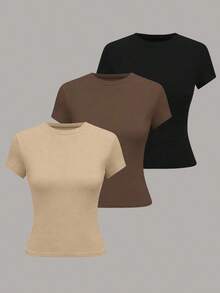 Camiseta casual de mujer de manga corta de unicolor, versátil - Multicolor 16 - Ver 8