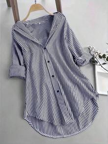 Camisa de mujer de solapa única con rayas y bajo irregular, blusas de manga larga - Azul marino - Ver 4