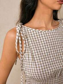 Blusa de cuadros verdes con cuello redondo, cintura con lazo y volantes en el bajo, hombros con lazo, para verano, tops de mujer, tops de verano, tops de concierto, tops de playa, tops con volantes, tops con lazo delantero, tops bohemios, tops de - Caqui - Ver 4