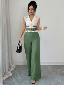 Conjunto de blazer corto sin mangas de color contrastante y pantalones rectos elegantes de estilo de oficina para mujer, atuendo profesional de oficina, vestimenta de maestra, ropa para ir y venir y uso casual - Verde - Ver 5