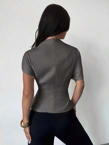 Blusa de bambú y lino con cuello arrugado, mangas asimétricas, plisado lateral y cintura ceñida, para uso diario, color albaricoque, para todas las estaciones - Gris - Ver 3
