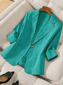 Blazer de lino de 3/4 de manga con cintura ajustable, diseño de botones, adecuado para ir al trabajo, eventos formales, fiestas elegantes, ropa de oficina - Primavera, Verano, Otoño - Azul 2 - Ver 1
