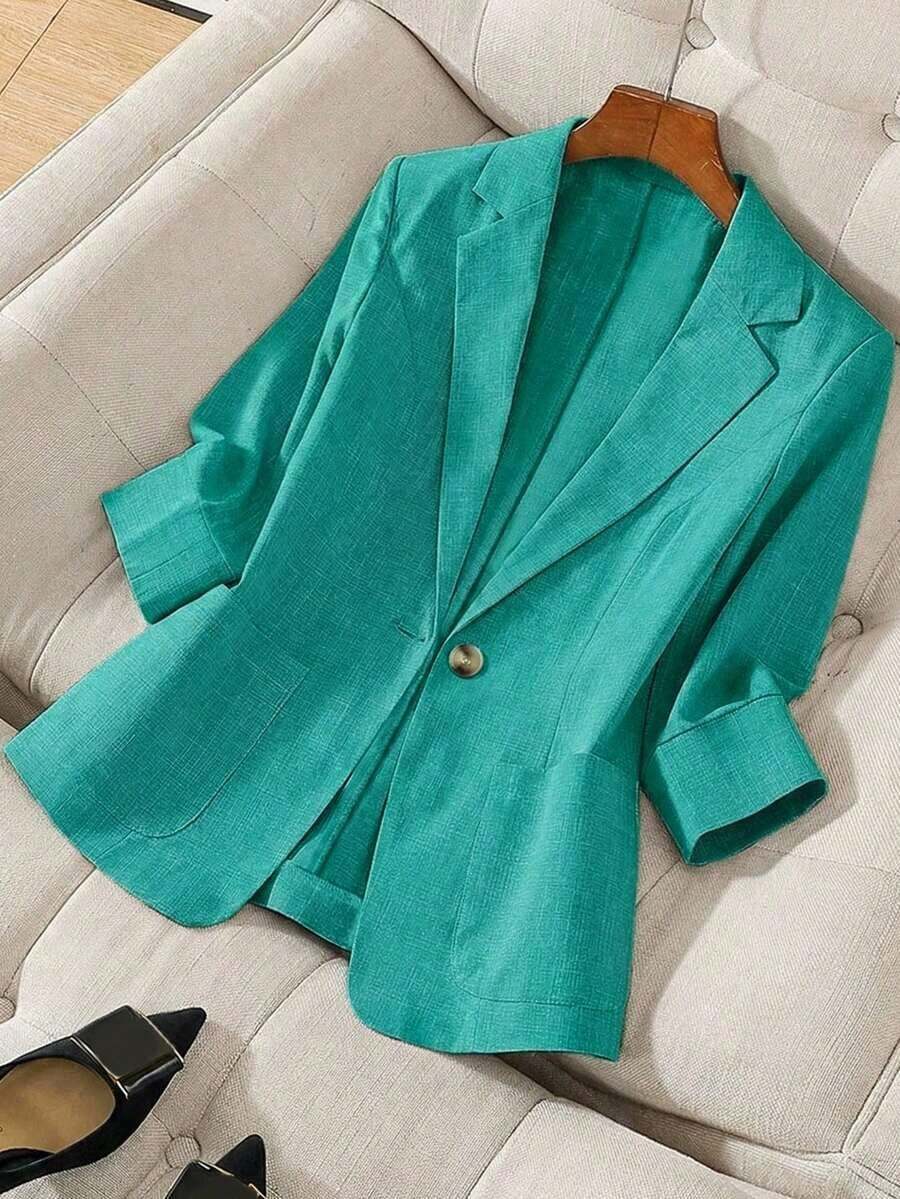 Blazer de lino de 3/4 de manga con cintura ajustable, diseño de botones, adecuado para ir al trabajo, eventos formales, fiestas elegantes, ropa de oficina - Primavera, Verano, Otoño - Azul 2 - Ver 1