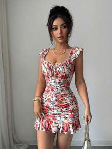 Vestido con estampado floral, volantes y bajo sexy para mujer - Naranja 2 - Ver 4