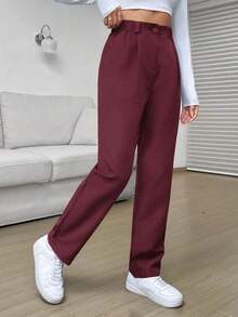 Pantalones casuales sueltos de pierna recta con plisados de cintura alta negros para mujeres - Burdeos - Ver 3