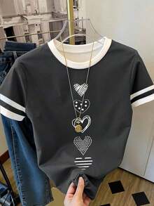 Blusa casual de cuello redondo con patrón de volantes y lazo asimétrico de color contrastante, adecuada para uso diario casual - Gris - Ver 6