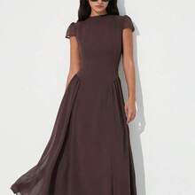 Elegant French Luxury Chiffon Dress, Stand Collar, Puff Sleeves, A-Line Silhouette, Waist Cinched, Flared Hem, Midi Length, Back Zipper Closure, Lining, Classic Solid Color, Casual Versatile, Suitable For Daily Occasions - Verde - Ver 7