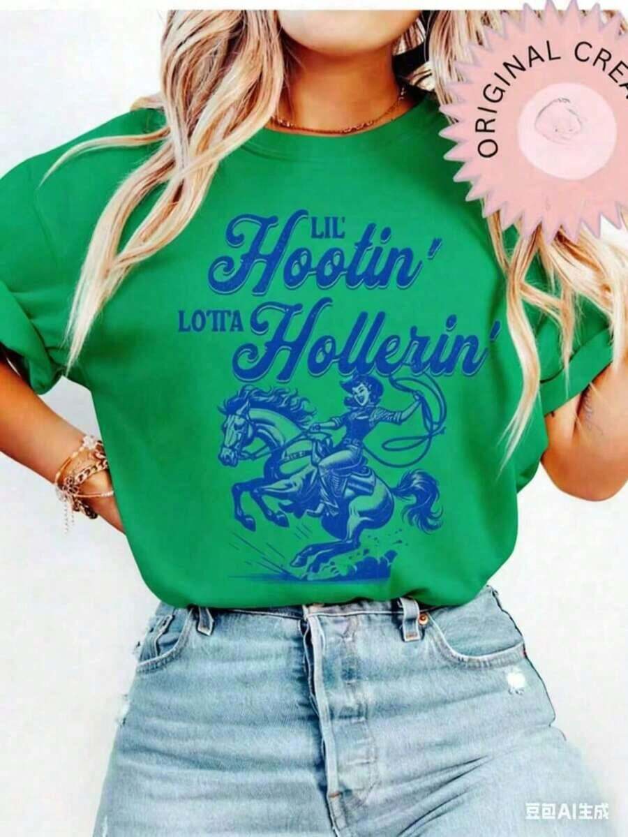 Oversized Short Sleeve T-Shirt With Vintage Cowboy Graphics, Retro Style, Washed © Cowboy T-Shirt, Western Style T-Shirt, Gift For Country Girl, 100% Cotton, Oversized Short Sleeve T-Shirt, Classic, Thick Cotton, With Graphic Print, Casual Short Sleeve T-Shirt For Women, New Stylish T-Shirt, 100% Cotton. - 綠色 - 查看 1