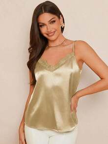 Camiseta de satén azul elegante para mujer con cuello de encaje, versátil para usar en primavera/verano o como prenda de abrigo debajo de chaquetas en otoño/invierno - Camel - Ver 3