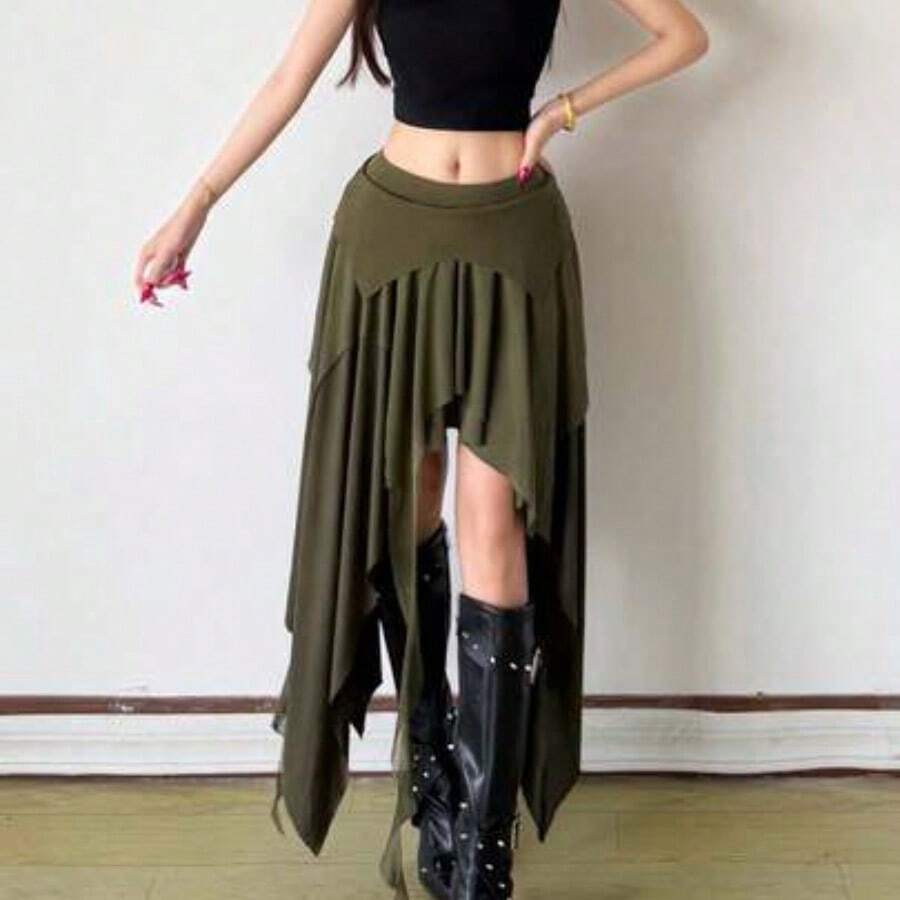 Top Dazzle Sexy Split Asymmetric High Waist Fitted Skirt - Verde Oscuro - Ver 1