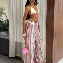 Tall Women's High-Waist Striped Linen Wide Leg Pants, Beach Vacation Casual Countryside Style, Elegant And Natural, Random Floral Pattern, Summer Fall Women Clothes Back To School - Verde militar - Ver 4