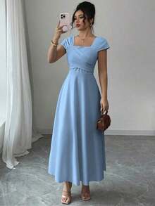 Vestido elegante de manga raglán y cuello cuadrado con detalle cruzado en el busto, de unicolor para mujeres - Azul - Ver 7