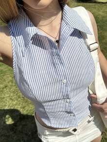 Camisa sin mangas de mujer de rayas tejida, azul - Azul - Ver 4