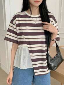 Camiseta casual de mujer para el verano con cuello redondo, manga corta, ajuste holgado y dobladillo con volantes y un solo unicolor - Albaricoque - Ver 1