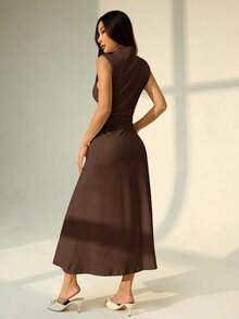 Vestido maxi de línea A con cuello mao, sin mangas, fruncido, color blanco, nuevo para el Día de San Valentín.Elegante y romántico atuendo para citas y trabajo, vestidos de verano para mujer - Marrón - Ver 2