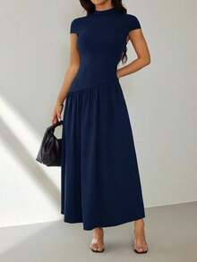 Vestido casual largo plisado de manga abullonada y cuello alto en unicolor para mujer, de verano - Azul marino - Ver 6