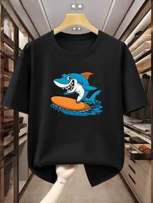 Camiseta de talla grande para hombre, 100% algodón, con estampado de tiburón de dibujos animados, cuello redondo, manga corta, cómoda y casual para el verano. - Negro - Ver 1