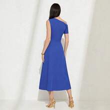 Vestido de fiesta de verano azul puro para mujer con hombros al descubierto estilo A elegante y delgado - Azul - Ver 3