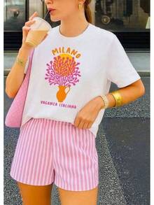 A Short-Sleeved T-Shirt With A Retro American Style, Loose Fit, Print (The Pants Are Just Style Suggestions), Thick Multicolored T-Shirt, 100% Cotton Material, Modern Print, Suitable For Both Men And Women, New Spring/Summer/Autumn Style, Breathable And Comfortable, Simple And Versatile, The Stylish Unisex Tropical Print T-Shirt Is Very Suitable For Holidays, Halloween And Mexican Independence Day Parties. - 白色 - 查看 1
