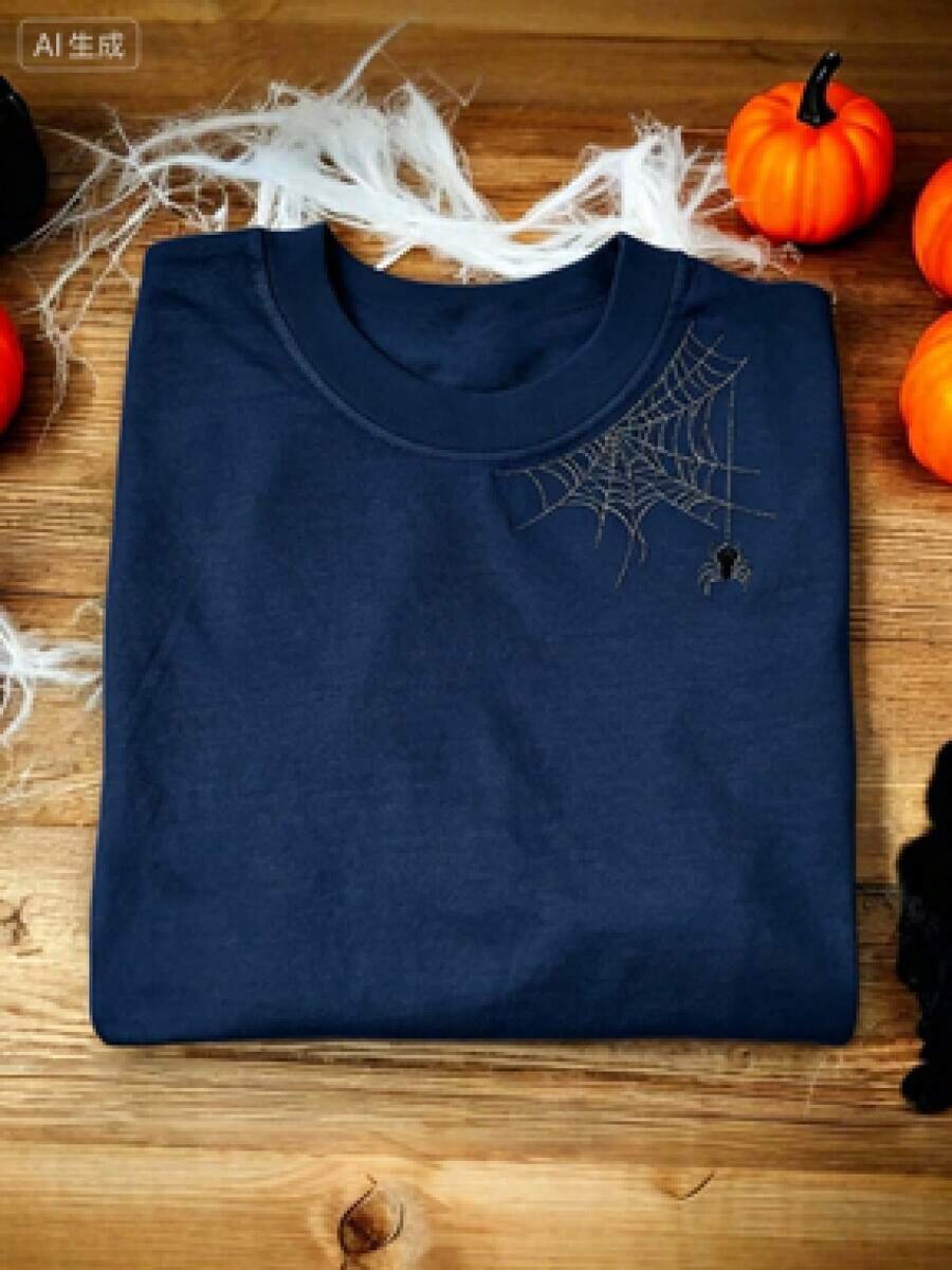 Camisa bordada con araña, camiseta de Halloween, temporada de terror, camisa con araña, camiseta de cuello redondo con diseño de bordado de Halloween para mujer - Azul Marino - Ver 1