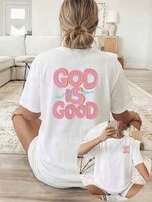Women's Short-Sleeved Summer T-Shirts With A Double-Sided Print On The Front And Back, Short Sleeves, And A Crew Neck. Features A 3D Pink Print Of The Phrase "GOD IS GOOD". Made From Breathable, Machine-Washable Fabric, Suitable For Year-Round Comfort. 100% Cotton Graphic T-Shirts For Women. - 白色 - 查看 6