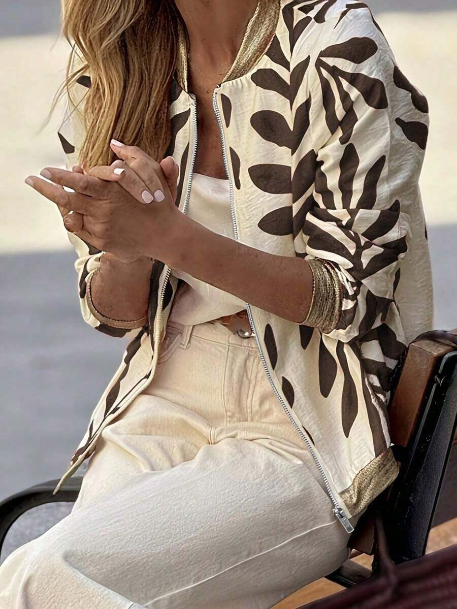 Chaqueta de béisbol estampada, con bolsillos, casual y cómoda para vacaciones, con parches de lámina, ligera tipo bomber, para mujer, talla grande vendida en primavera/verano - Café integral - Ver 1