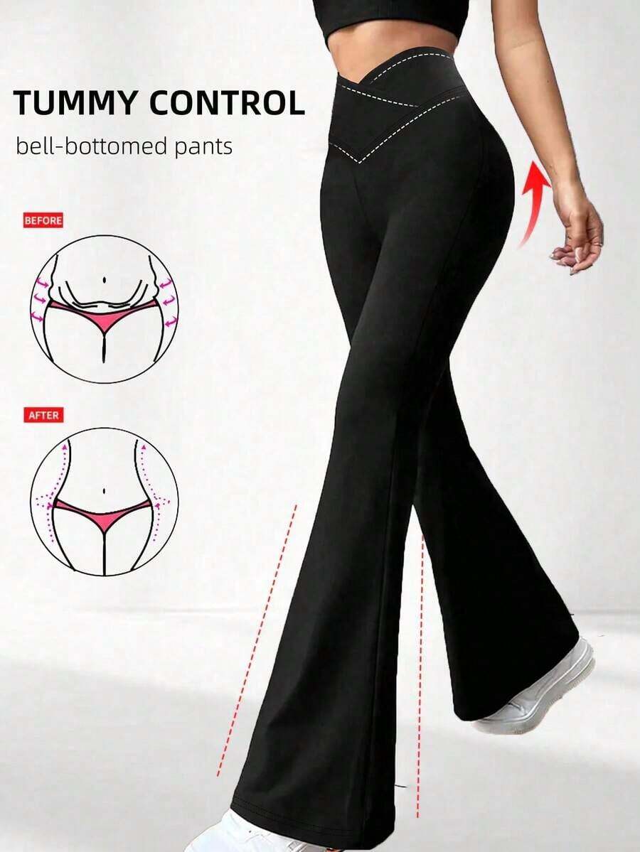 Pantalones acampanados con cintura cruzada para mujer, pantalones deportivos y de yoga de unicolor de poliéster de alta elasticidad, pantalones casuales largos con cintura cruzada, mallas ajustadas de unicolor para entrenamiento, pantalones de pierna ancha de tejido de punto adecuados para fitness y uso casual, negro, primavera - Negro - Ver 1
