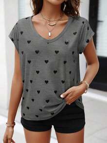 Camiseta sencilla con estampado de corazón de moda para mujer, para uso diario casual en verano - Gris - Ver 3