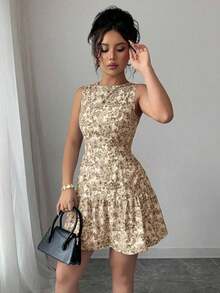 Vestido mini bohemio elegante francés con estampado floral sin mangas y cinturón para mujer, atuendo de graduación para primavera/verano - Marrón - Ver 3
