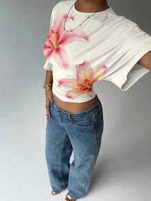 Blusa de verano para mujer con diseño de manga murciélago, cuello redondo, fruncido y estampado floral de tinte de agua en tonos cálidos, ideal para playa/vacaciones, un look casual, minimalista y elegante - Multicolor - Ver 5