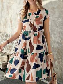Vestido de mujer de manga corta con cuello redondo y estampado geométrico de verano - Multicolor 2 - Ver 5