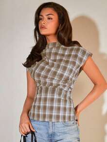 Blusa plisada con cuello para mujer, elegante para la oficina, artículo de moda versátil, adecuado para el trabajo, salidas casuales, fiestas, con estampado de cuadros marrones - Multicolor - Ver 4