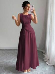 Vestido maxi casual, romántico, vintage y elegante de gasa para mujer con cordón en la cintura, para la playa, el té de la tarde, fiestas de noche, uso diario, sin mangas, de unicolor, vestido largo, primavera/verano - Granada - Ver 8
