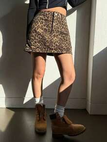 Falda vaquera casual con botones delanteros y bolsillos con estampado de leopardo - Marrón 5 - Ver 3