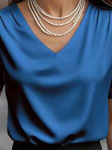 1 pieza Blusa de mujer de unicolor de satén con cuello en V y manga corta, elegante y de moda para uso diario, oficina, hogar, citas, primavera/verano, color negro casual - azul real - Ver 2