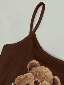 Camiseta de tirantes de mujer con bordado de perro salchicha, corazón y rayas con encaje de contraste - Café integral - Ver 4