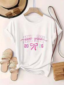 Feliz Año Nuevo 2026, Camiseta Casual de Mujer con Estampado de Lazo Rosa, Adecuada para Todas las Temporadas  
 Negro - Blanco - Ver 2