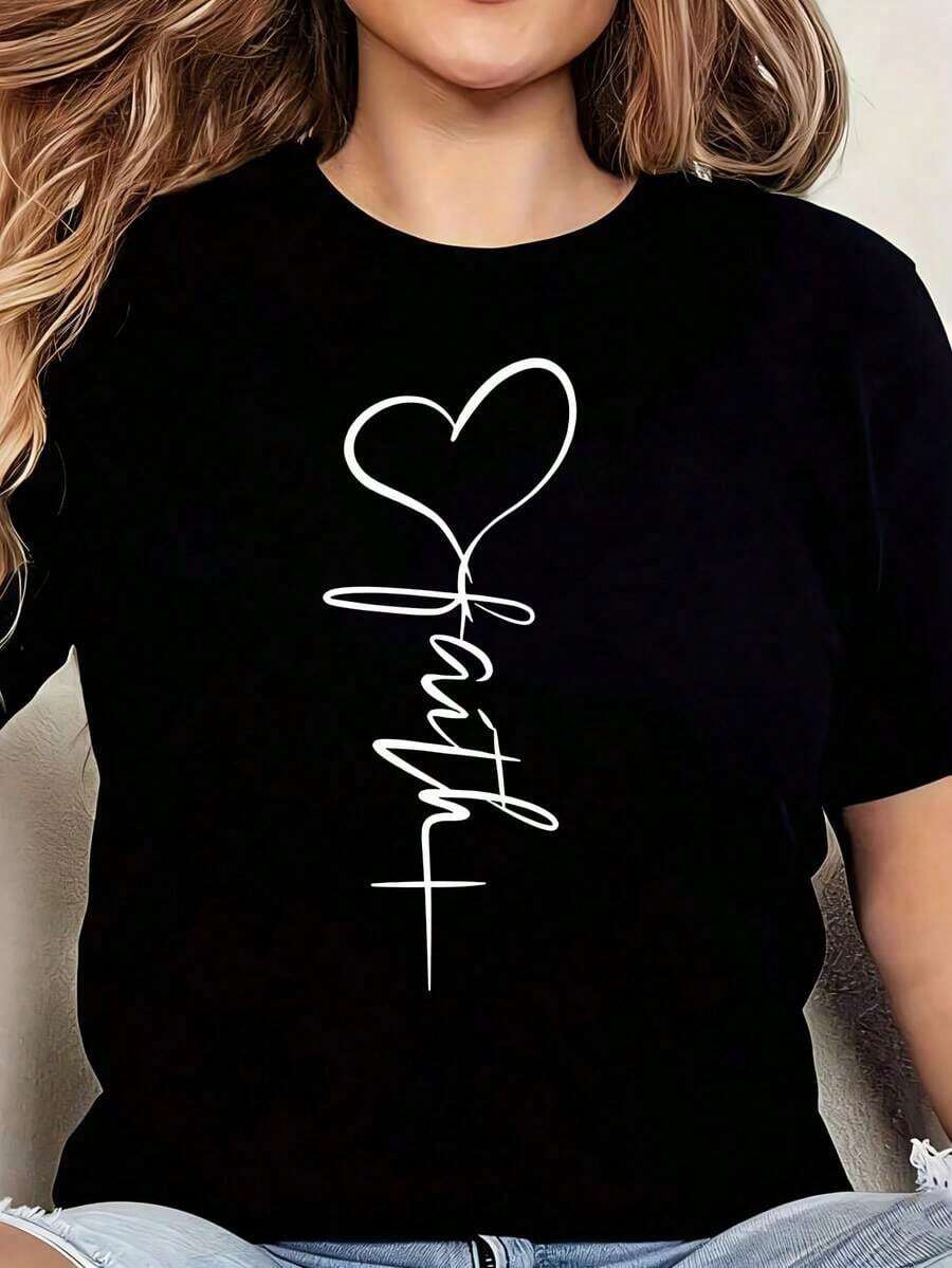 Camiseta de Verano Fresca Casual para Mujer, de Manga Larga y Cuello Redondo, con Elegante Diseño de Corazón y Escritura de Amor, 1 Pieza. Camiseta de Mujer Oversize con Gráficos, de Manga Corta, Novedosa, 100% Poliéster, Top Casual con Cuello Redondo, a la Moda. - Negro - Ver 1