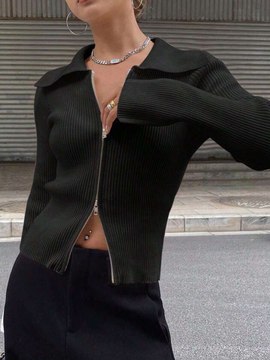 Chaqueta de punto con cremallera de unicolor casual de negocios para mujer - Negro 2 - Ver 1