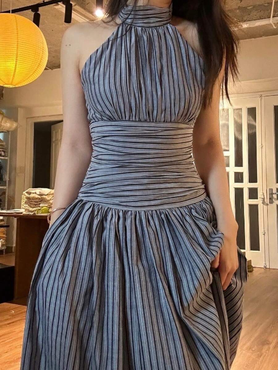 Nueva colección Primavera vestido a rayas estilo europeo espalda descubierta cintura alta corte amplio diseño elegante original moda sofisticado para mujer - Gris - Ver 1