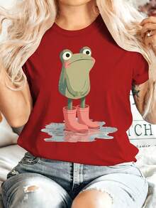 [Summer Energy] Ropa de Verano para Mujer: Una camiseta de manga corta con cuello redondo que muestra una rana pequeña de pie en un charco con botas de lluvia rosas. Cómoda, suave, elegante, adecuada para fiestas, estilo vintage, casual, versátil. Adecuada para primavera, verano, otoño e invierno, top de estilo deportivo, 100% algodón. - Rojo - Ver 7