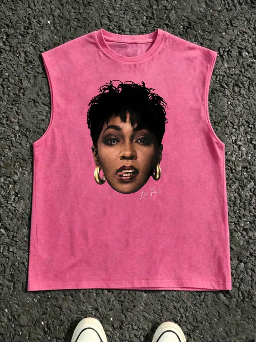 Vintage Anita Baker Big Head T-Shirt Unisex Retro R&B Graphic Tank Top Must-Have For 80s Music Fans Soft Comfy Top Perfect For Concerts Hangouts - 紅色 - 查看 1