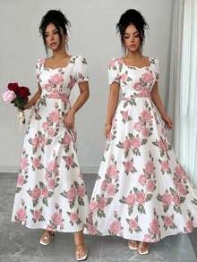 YHHSHEIN Elenzya Vestido midi de manga corta con estampado de rosas rojas sobre base blanca, elegante y versátil para uso diario, vacaciones, citas, San Valentín, estilo francés retro, fiestas y primavera temprana/primavera-veranoYHH - Rosa - Ver 6