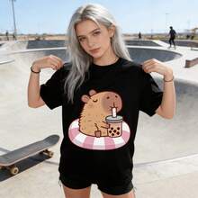 Tops para mujer de algodón de manga corta y cuello redondo para mujer, con estampado de capibara yé de burbujas, de elasticidad media. - Negro - Ver 5