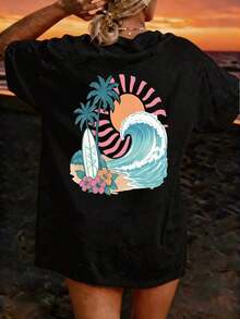 Women's Tropical Beach Graphic T-Shirt - "Meet Me At The Beach" Design With Palm Trees And Waves, Loose Fit, Round Neck, Soft Casual T-Shirt For Spring Summer, 100% Cotton - 黑色 - 查看 4