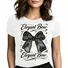 Tops para mujer de Mujer Suave y Elástica con un Lindo Gráfico de Lazo, Cómoda, de Manga Corta y Cuello Redondo - Blanco - Ver 8