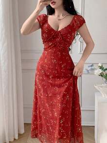 Vestido largo de verano con cuello en V, estampado floral y cintura ceñida - Celeste - Ver 11