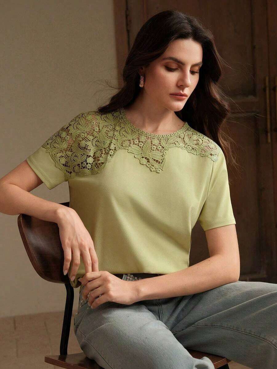 Blusa de moda para mujer con parche de encaje asimétrico, nueva para el verano - Verde Oliva - Ver 1
