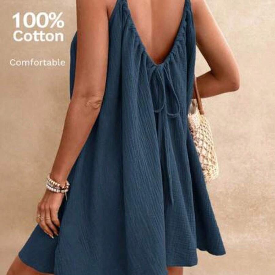 Frenchy Summer Women's Cami Boho Sundress, Green Essential, Summer Outfit, Wedding Season Essential, Cottagecore Drawstring Dress Green Dress Sundress Women Cotton Dress Christmas Casual - Azul Marino - Ver 1